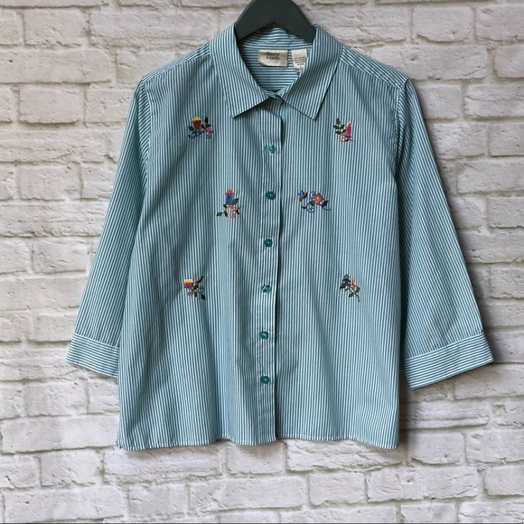 Baxter & Wells birdhouse embroidery button-up 3/4 sleeve blouse - size large - Picture 2 of 16